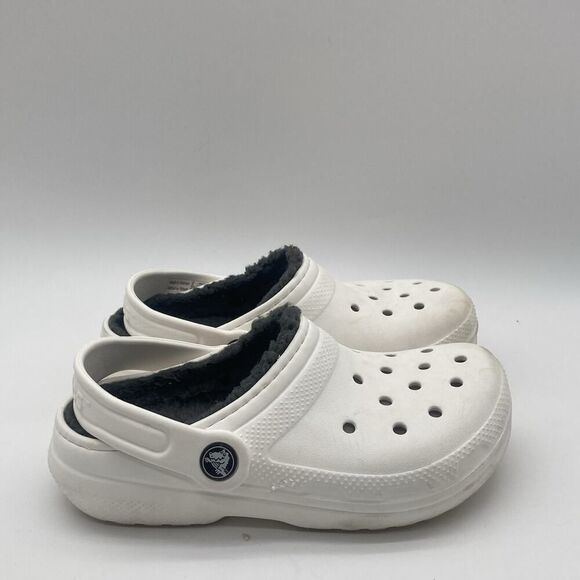 Youth Junior Crocs Classic Faux Fur Lined Clog Slip On White Gray Slippers - Picture 1 of 10